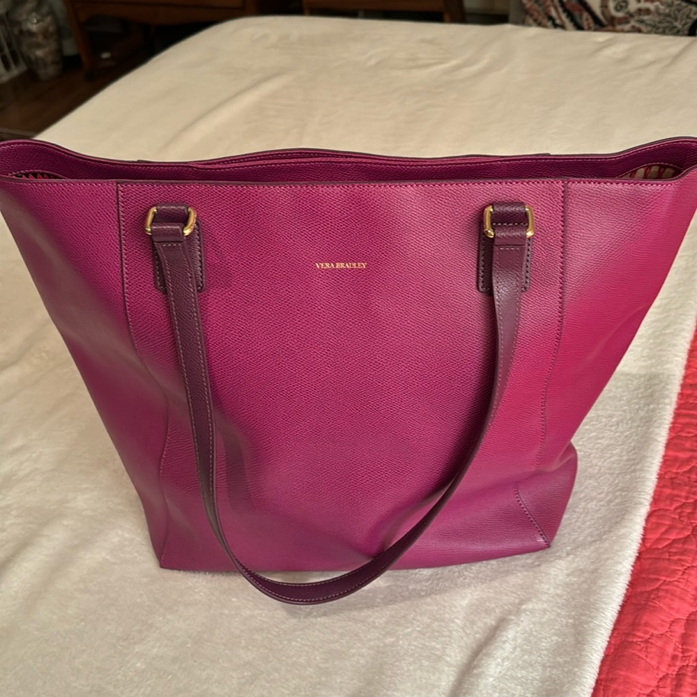 Vera Bradley leather tote in plum color. Brand new never used. Gold hardware.